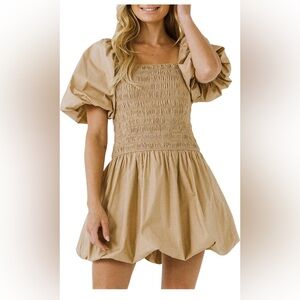 Endless Rose Smocked Puff Minidress, size M, tan